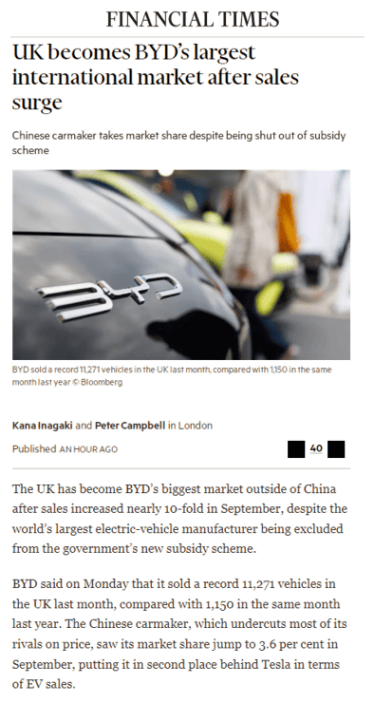 月銷破萬,比亞迪9月英國銷量同比激增880%